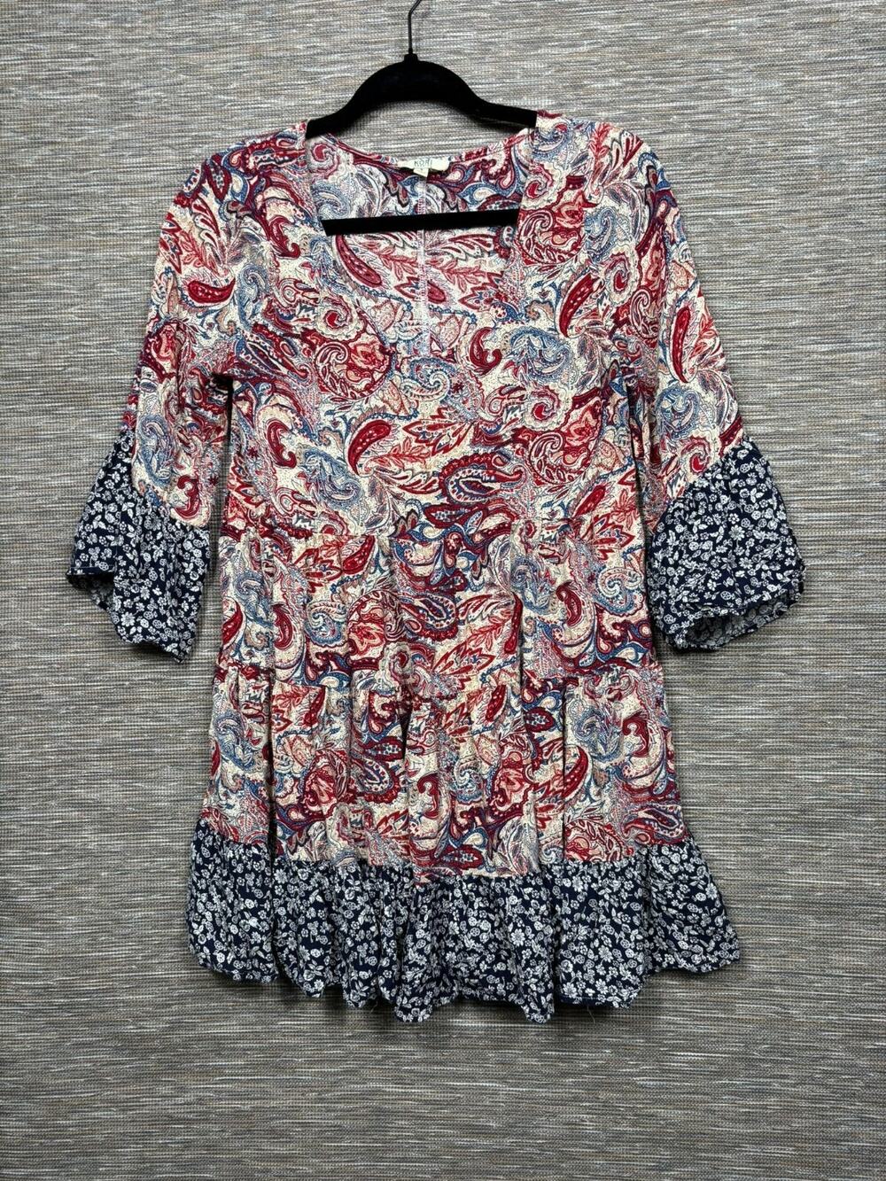 Kori America Paisle Floral Empire Waist Bell Sleeves Tunic Top Womens Size S